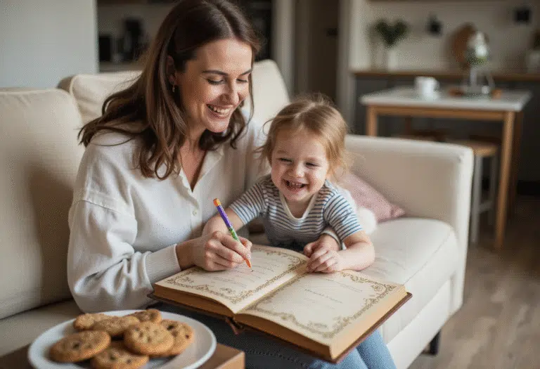 Mother and Child writing on a Prayer Journal