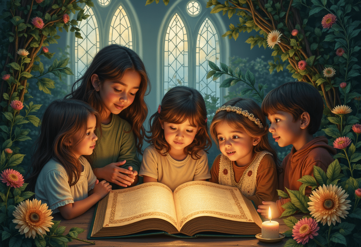 Children reading a book together