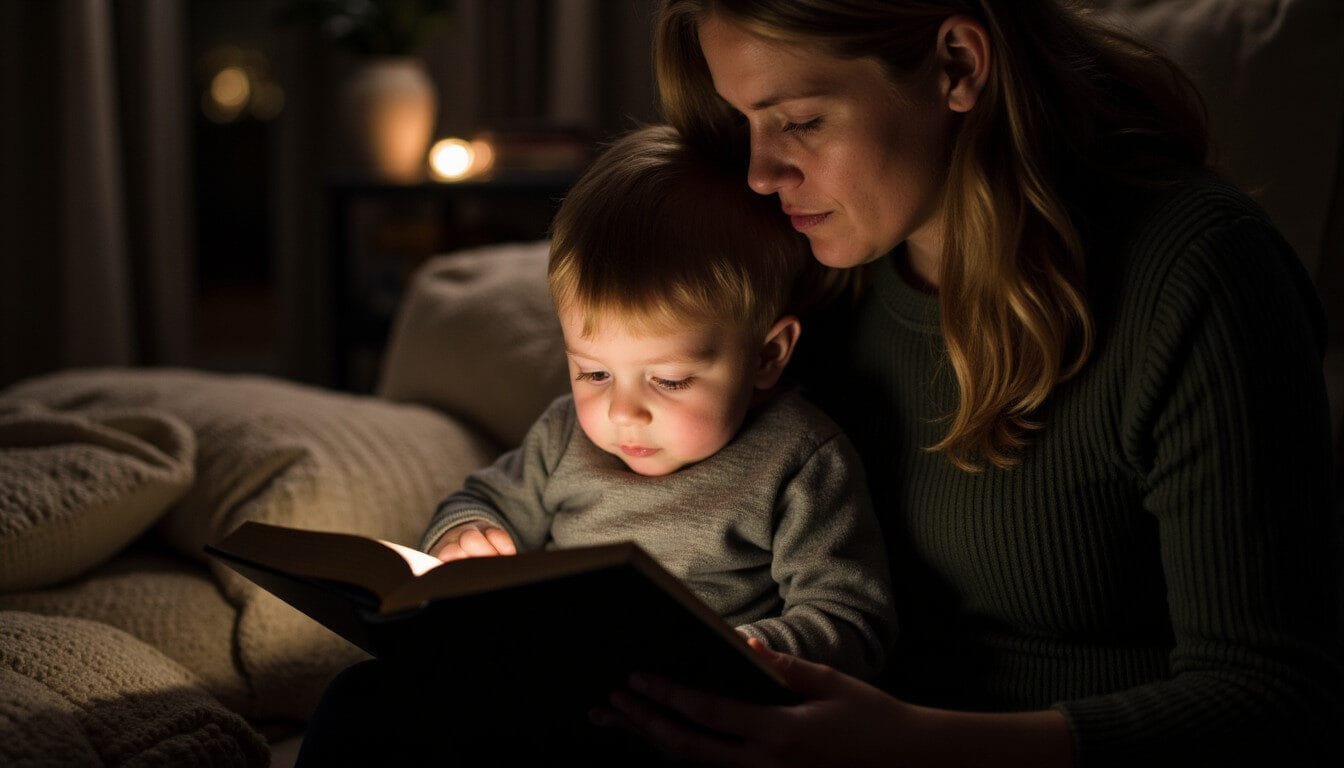 A child listening intently as a parent reads a Bible story, surrounded by cozy lighting.